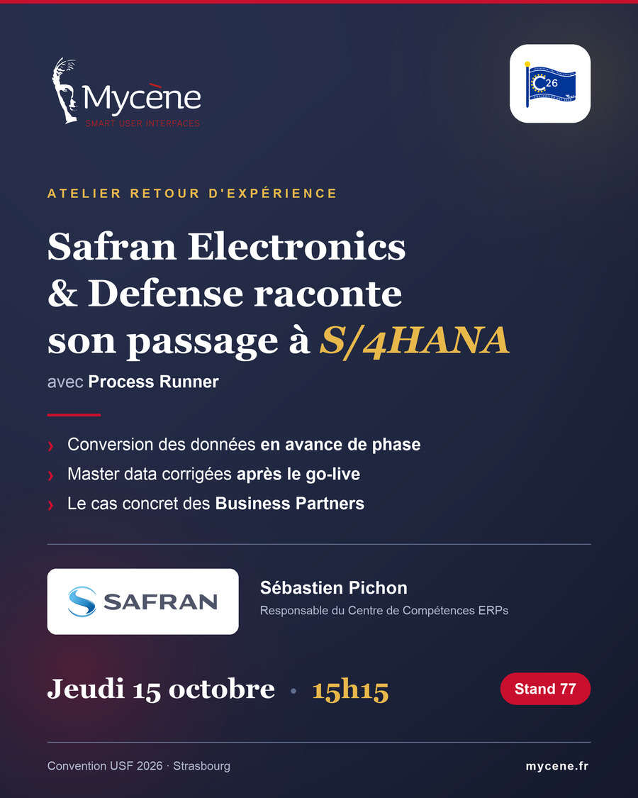 Atelier Convention USF 2026 : Safran Electronics et Defense raconte son passage à S/4HANA avec Process Runner, jeudi 15 octobre 15h15, stand 77